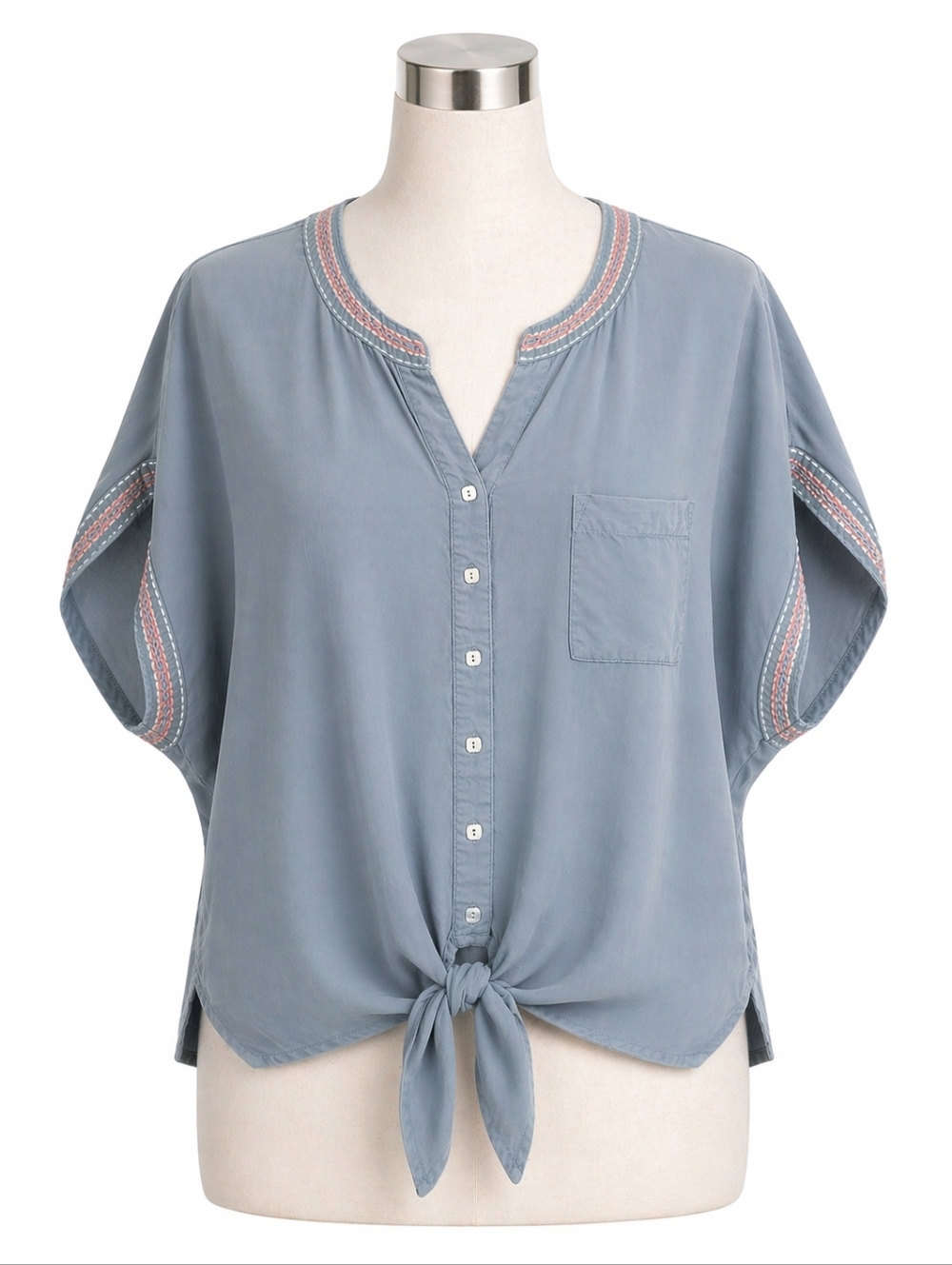 John Mark Embroidered Blue Tie Front Modal Button Up Blouse Sz XL Casual Boho